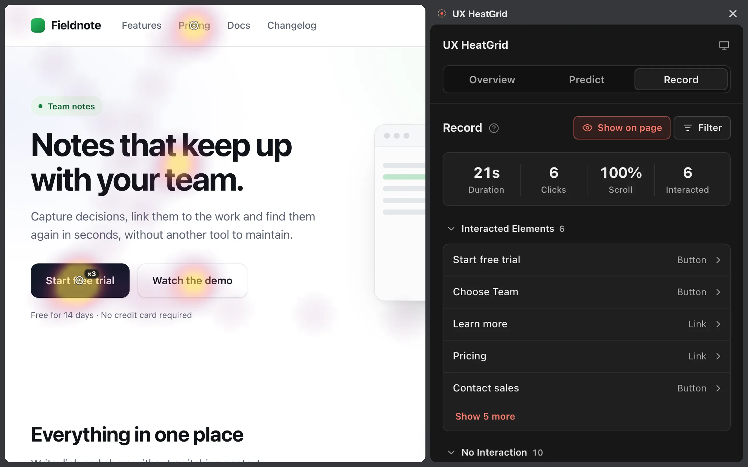 UX HeatGrid on a sample product landing page: a recorded session drawn on the page as a soft heatmap with click markers and an on-page toolbar for Heatmap, Clicks and Scroll Depth, beside the side panel’s Record view showing 21 seconds, 6 clicks, 100% scroll and 6 interacted elements, with lists of Interacted Elements and controls with No Interaction.